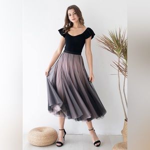 Blush midi skirt with sheer black tulle overlay
